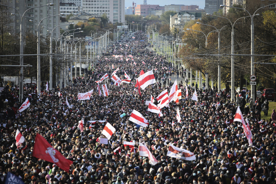 Demonstrationerna i Belarus 2020 och 2021 skedde över hela landet, med hundratusentals deltagare. Arkivbild från oktober 2020.