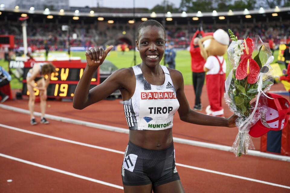 Agnes Tirop efter segern på 5 000 meter i Diamond League-galan i Stockholm 2019. Arkivbild.