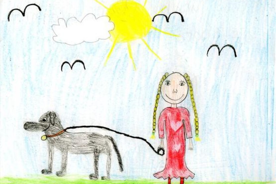Vera Lundh, Danskavägen 4 i Trelleborg, har ritat en flicka som är ute och rastar sin söta hund.