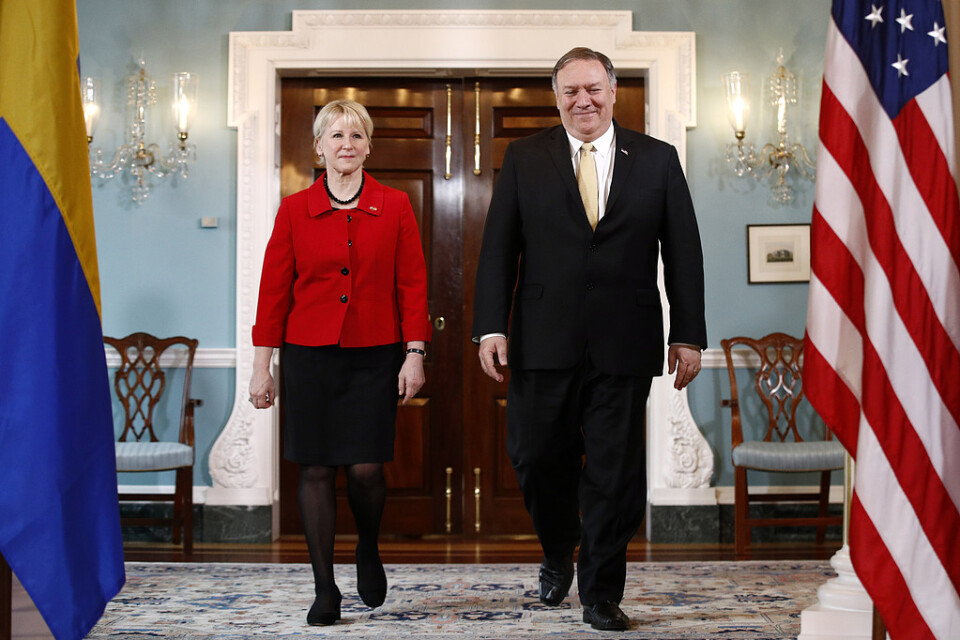 Sveriges utrikesminister Margot Wallström och USA:s utrikesminister Mike Pompeo i Washington.