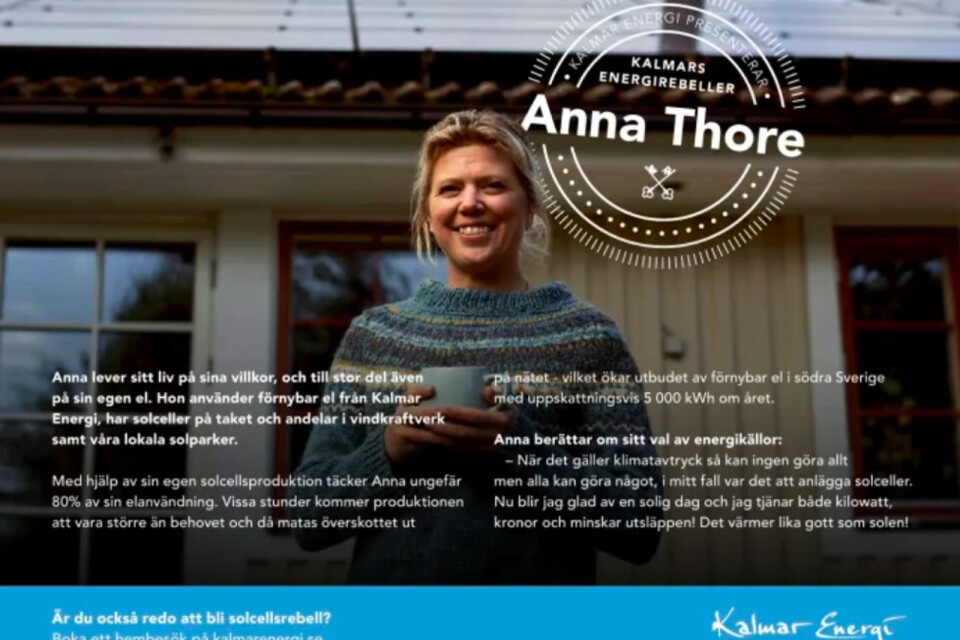 Kommunstyrelseledamoten Anna Thore lyfts fram i annons från Kalmar Energi.