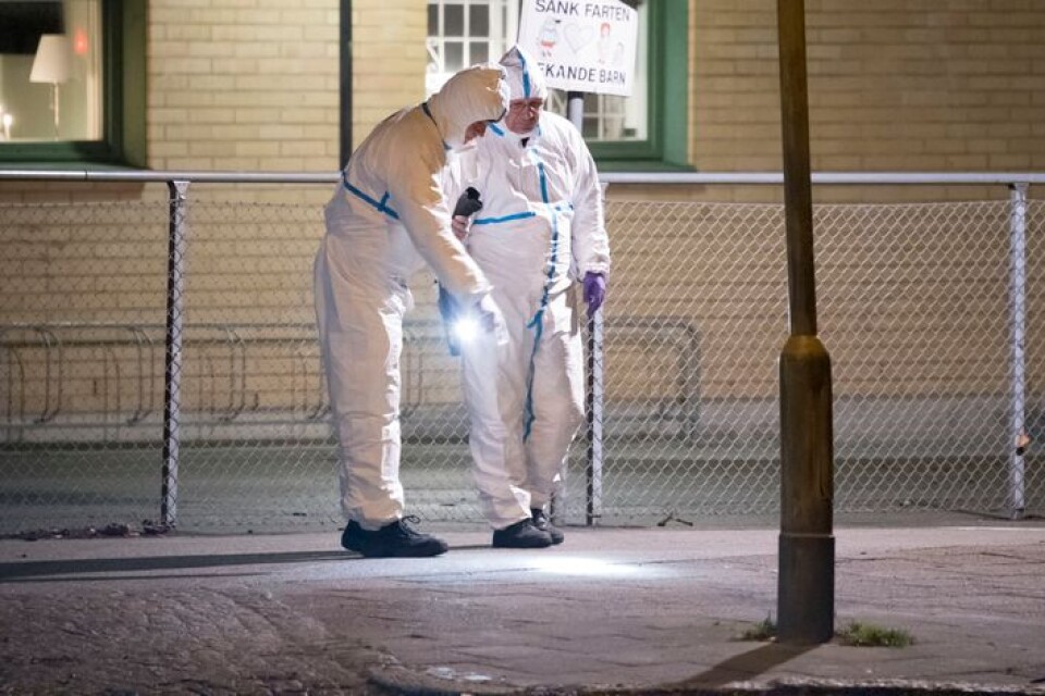 Polisens tekniker undersöker på torsdagsmorgonen ett område vid Nydalaskolan i Malmö där en man hittades livlös.