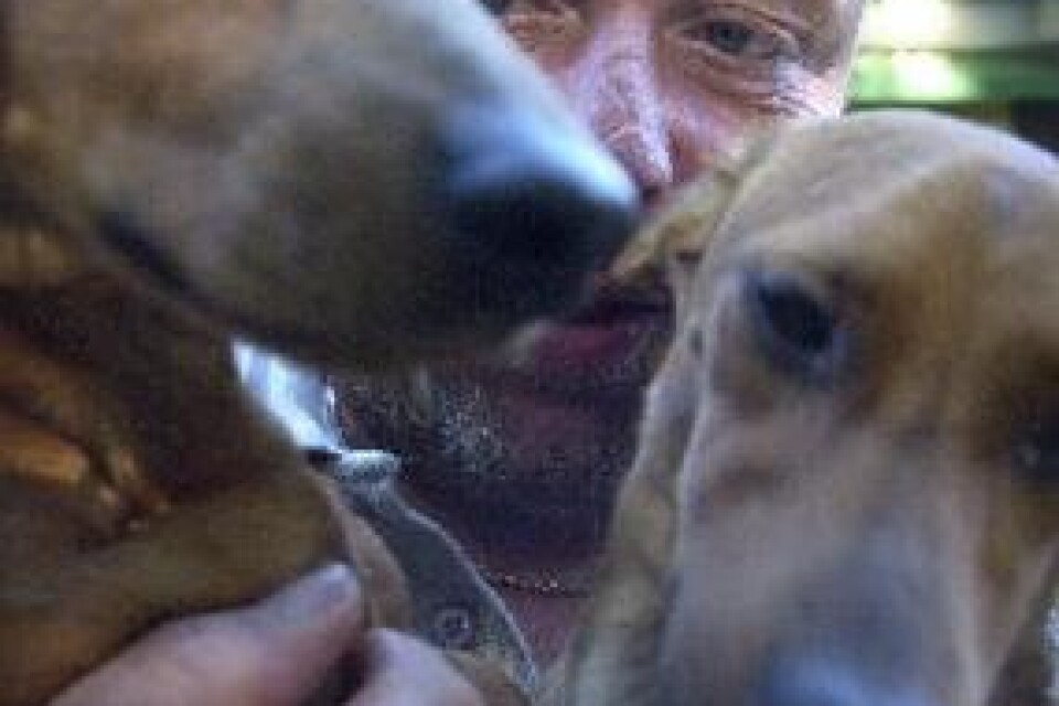 Han tar hand om bortsprungna hundar. Rustan Lindhe på Grahnskans djurpensionat med ett par av skyddslingarna. BILDER : RONNIE SMITH