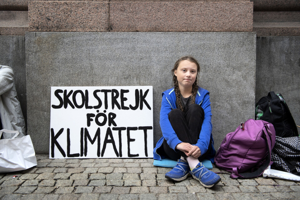 Greta Thunberg, då 15 år, under en av sina första skolstrejker inför valet 2018. Arkivbild