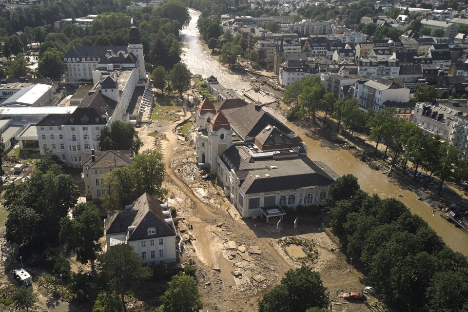 Förödelse längs floden Ahr i staden Bad Neuenahr-Ahrweiler. Nya skyfall väntas nu dra in. Arkivbild