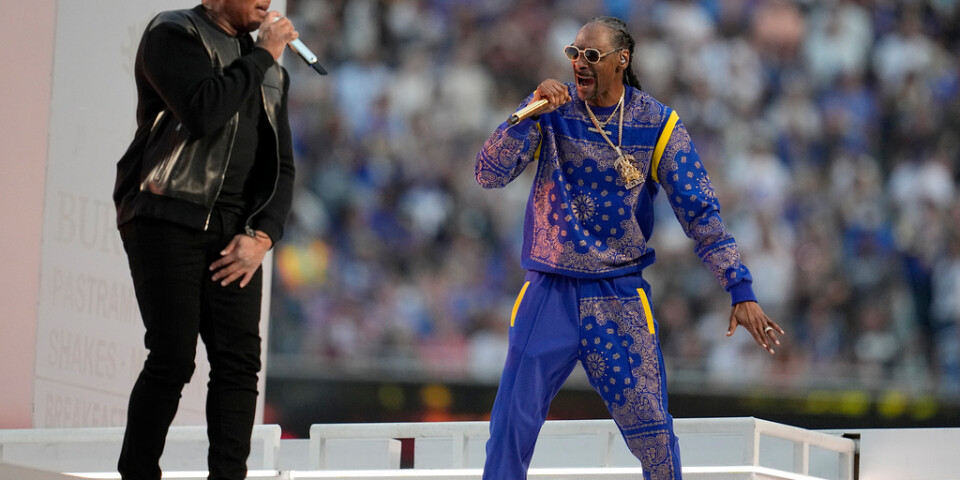 Dr Dre och Snoop Dogg i pausunderhållningen på Super Bowl tidigare i år. Arkivbild.