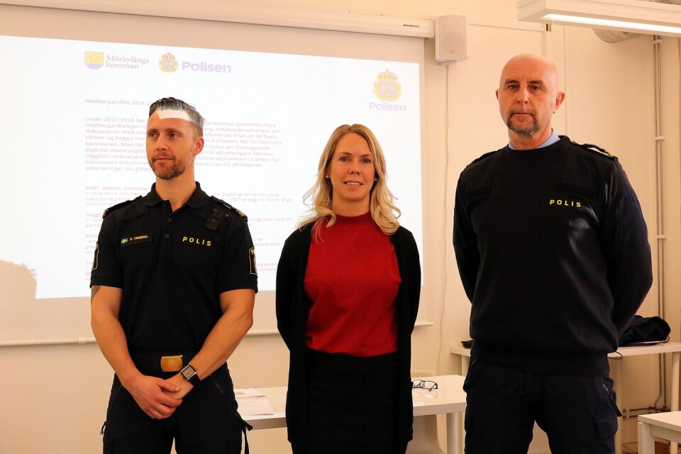 Peter Friberg, biträdande lokalpolisområdeschef i Kalmar, folkhälsosamordnaren Linn Bergsten Ahrens och kommunpolis Magnus Areskog presenterade årets trygghetsmätning.