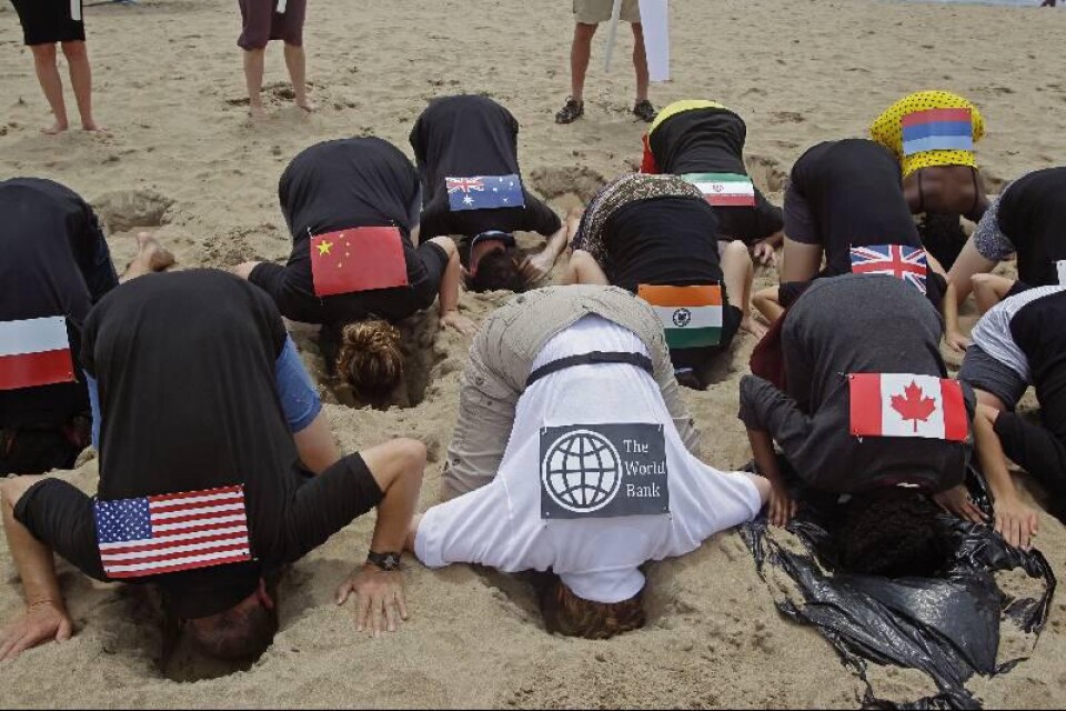 Miljödemonstranter under den internationella klimatkonferensen i Sydafrika i höstas gömmer huvudet i sanden.
