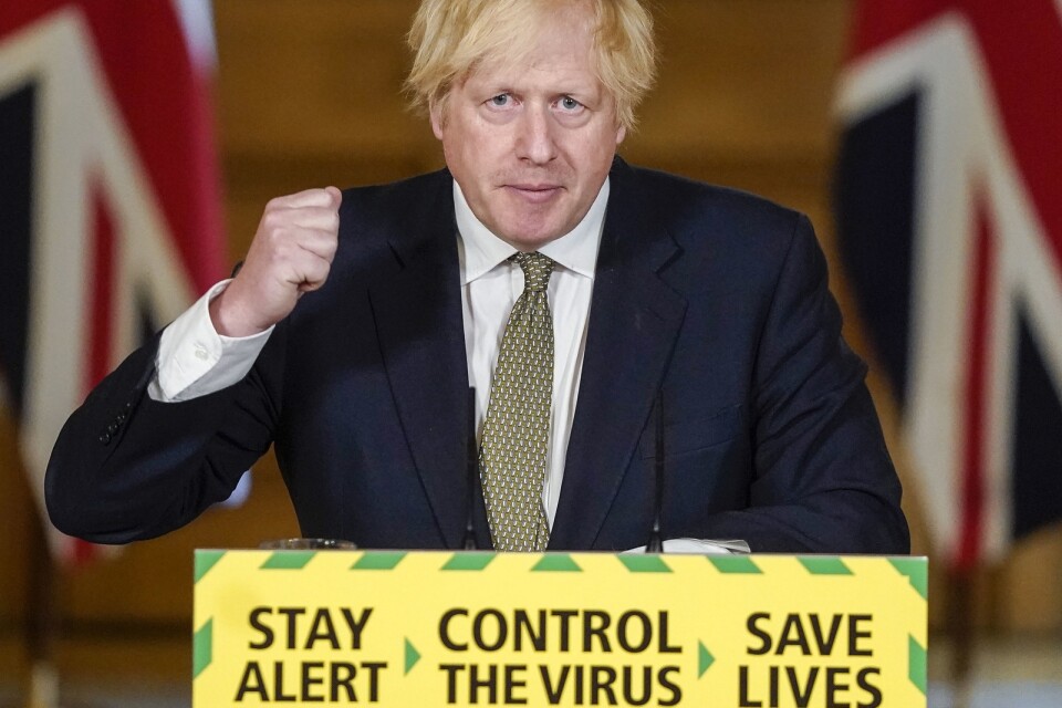 Storbritanniens premiärminister Boris Johnson under en tidigare presskonferens om coronaläget i landet. Arkivbild.