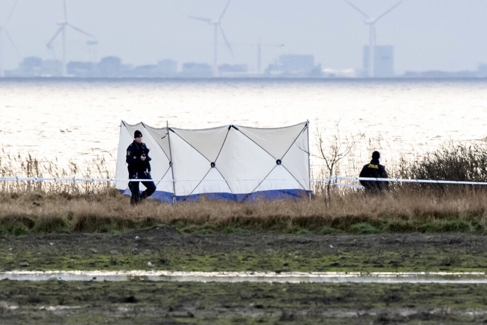 Kriminaltekniker arbetade hela lördagseftermiddagen på fyndplatsen vid Lundåkrabukten söder om Landskrona där en död person hittades.