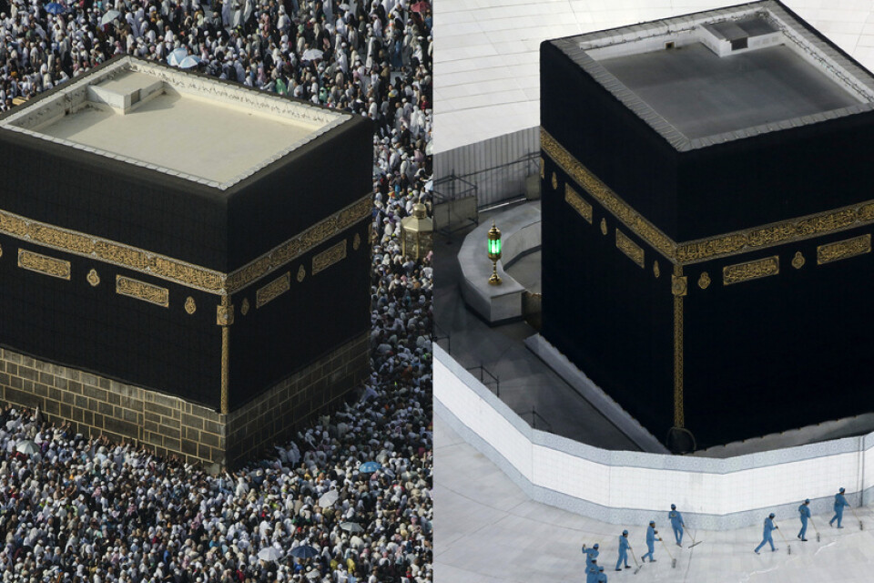 Den enorma ansamling av muslimska troende som vanligtvis brukar finnas att beskåda vid Kaaba i Stora Moskén i Mecka var som bortblåst i spåren av oro för det nya coronaviruset. Bild till vänster från augusti 2018, till höger från mars 2020.