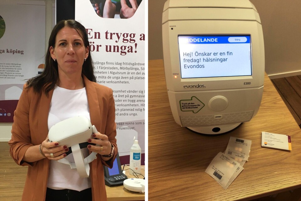 Jenny Brede, verksamhetsutvecklare i Mörbylånga kommun, håller upp ett par VR-glasögon. På bilden till höger visas en läkemedelsrobot.