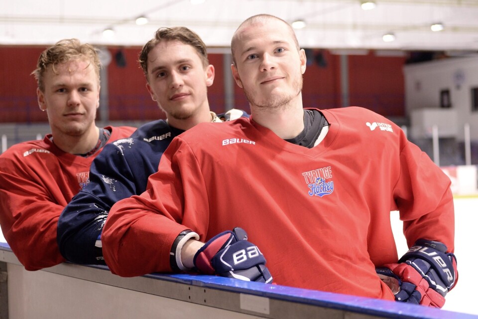 Det började som lite löst snack i omklädningsrummet, men nu ska trion Isac Bexdal, Felix Lidgren och Andreas Anarp ansvara för sommarhockeyläger i Tyringe. Foto: Robert Rolf