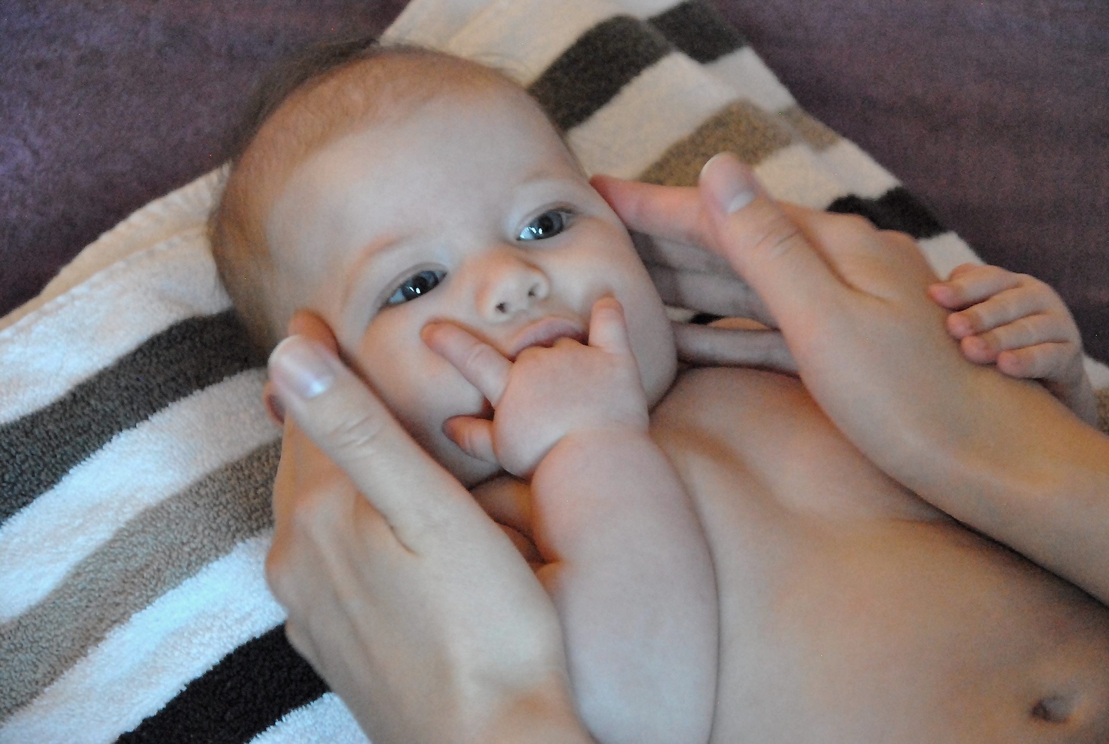 Kentzie Pedersen blir lite trött av massagen och snussar på sina fingrar. 
Foto: Marie Strömberg Andersson