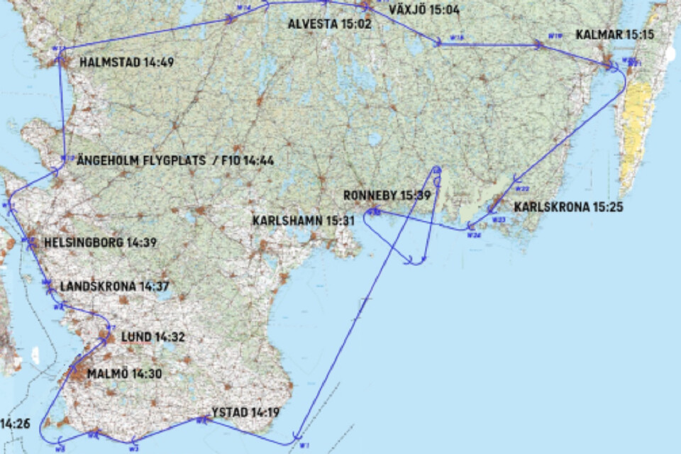 Här är hela rutten för julgransflygningen med start och mål på F17 i Blekinge.
