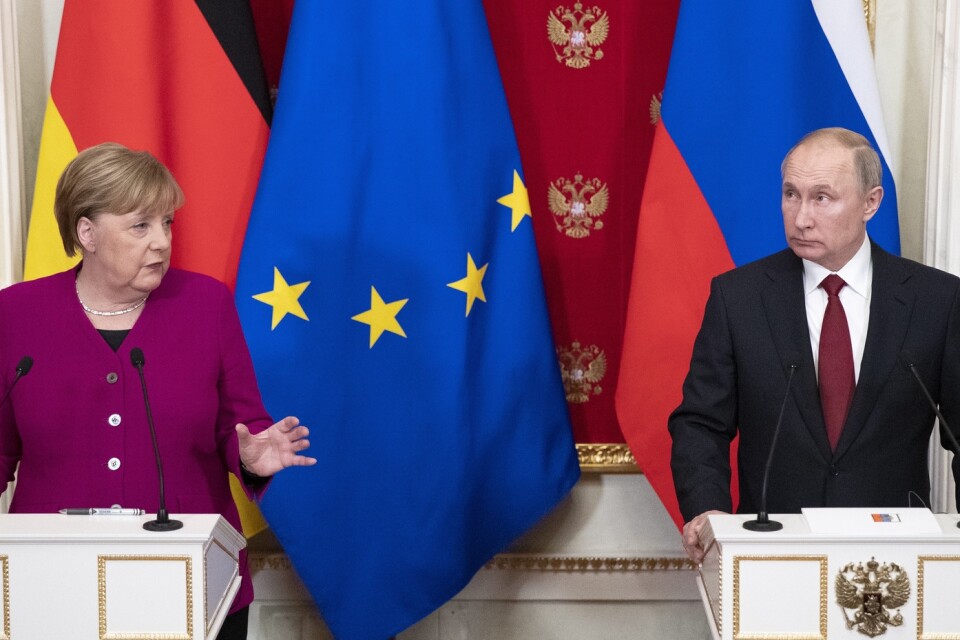 Tysklands förbundskansler Angela Merkel och Rysslands president Vladimir Putin efter deras möte i Moskva i januari 2020.