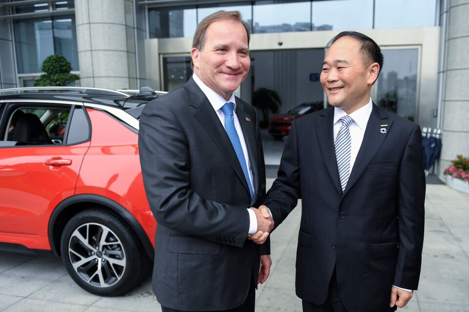 Statsminister Stefan Löfven och Li Shufu, ordförande och huvudägare i Volvo Cars ägare Geely.