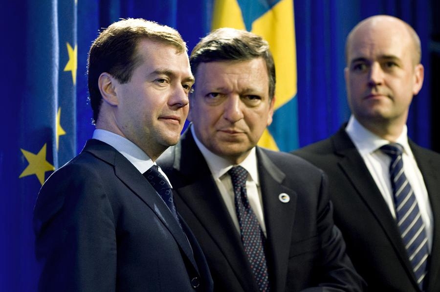 Presskonferens med Manuel Barroso, president Medvedev, premiärminister Reinfeldt, vid EU:s toppmöte med Ryssland i Stockholm.