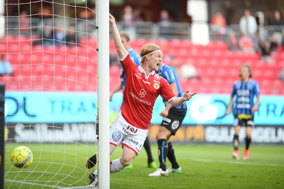 KALMAR 20180514 Kalmar FF:s Nils Fröling jublar efter 1-0-målet mot IK Sirius på Guldfågeln Arena i mitten av maj.