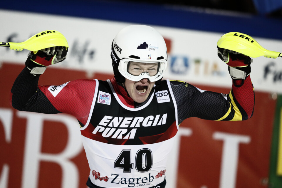 Belgiske slalomåkaren Armand Marchant jublar efter femteplatsen i världscuptävlingen i Zagreb. Arkivfoto.