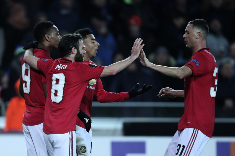 Manchester United firar efter Anthony Martials 1–1-mål borta mot Club Brygge.