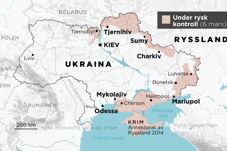 Områden under rysk kontroll söndagen den 6 mars.