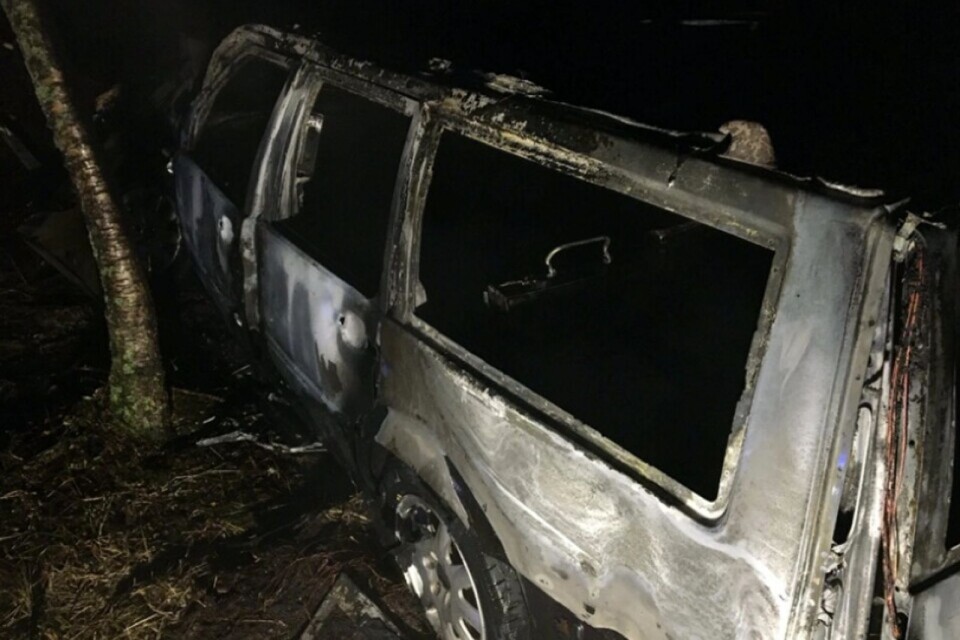 The car drove off the road into a tree and began to burn. (From the police preliminary investigation)