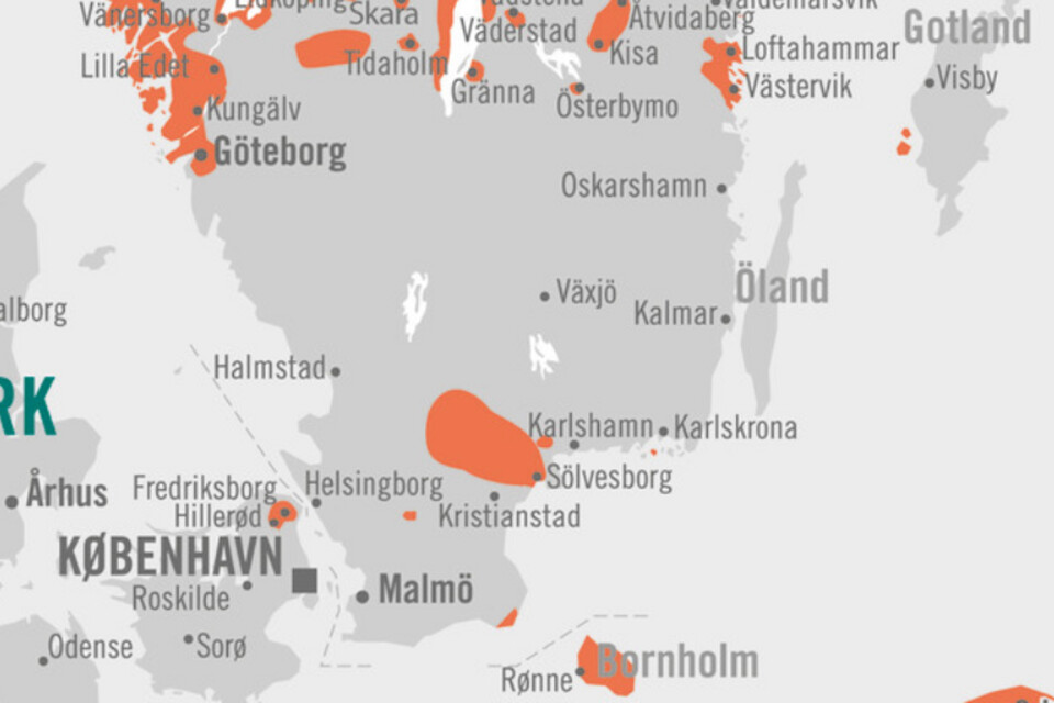 De röda områdena visar platser där risken är hög att drabbas av fästingburen hjärninflammation. Källa: Fästing.nu i samarbete med epidemiolog på Folkhälsomyndigheten, Region Blekinge.