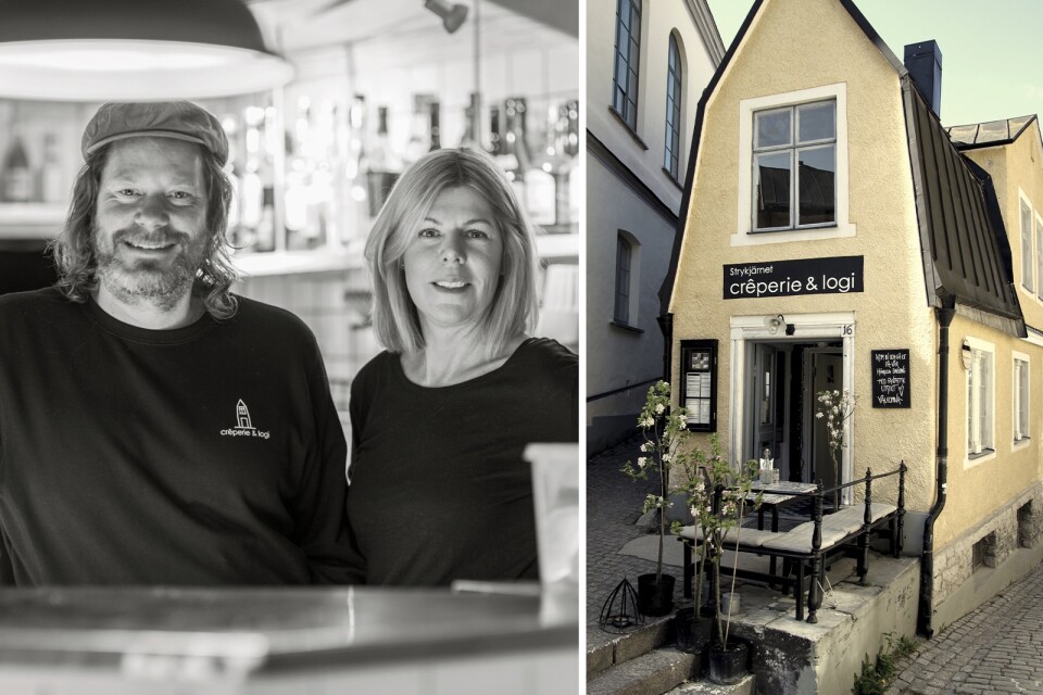 Mattias Nordberg och Ann-Sofie Selling, grundare av Crêperie och Logi AB. Crêperiet i Visby (till höger) har även en svit som hyrs ut under hela året, därav namnet ”logi” samt streckillustrationen av Strykjärnshuset i loggan.