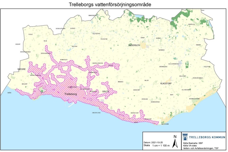 Kartan visar Trelleborgs vattenförsörjningsområde. Alla som bor eller befinner sig inom detta område måste nu koka allt dricksvatten.