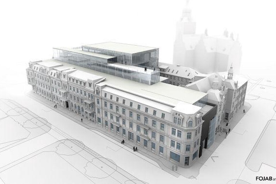 Så här ska det nya rådhuskvarteret se ut från hörnet Nya Boulevarden/Västra Storgatan. I bakgrunden skymtar Heliga Trefaldighetskyrkan.