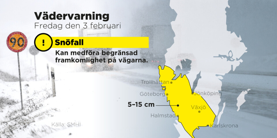 SMHI har utfärdat en gul varning för snöfall i stora delar av Götaland.