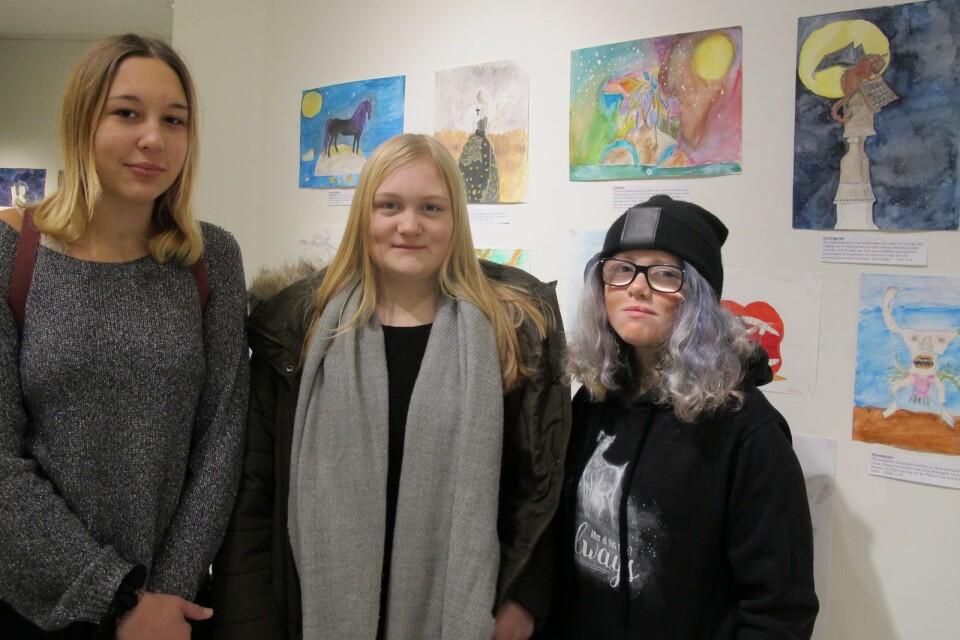 Wilda Ingaskär, Nilla Hörjel och Sam Solli framför utställningen.