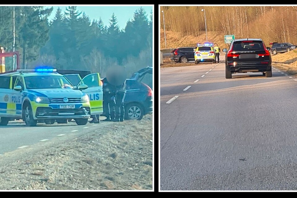 Ett par polisbilar blev krockskadade under den våldsamma biljakten och fick senare bärgas. Bilden till höger är tagen i backen upp mot Brämhult i höjd med Kyllaredsmotet.