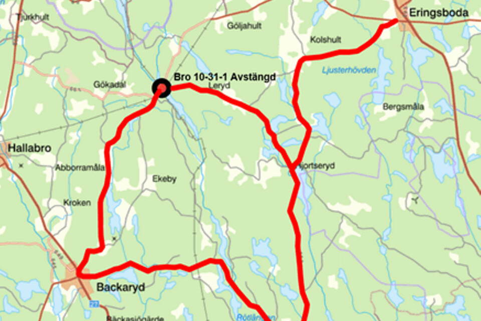 Väg 657 kommer att vara avstängd från Hjorthålan och norrut till Eringsboda.
