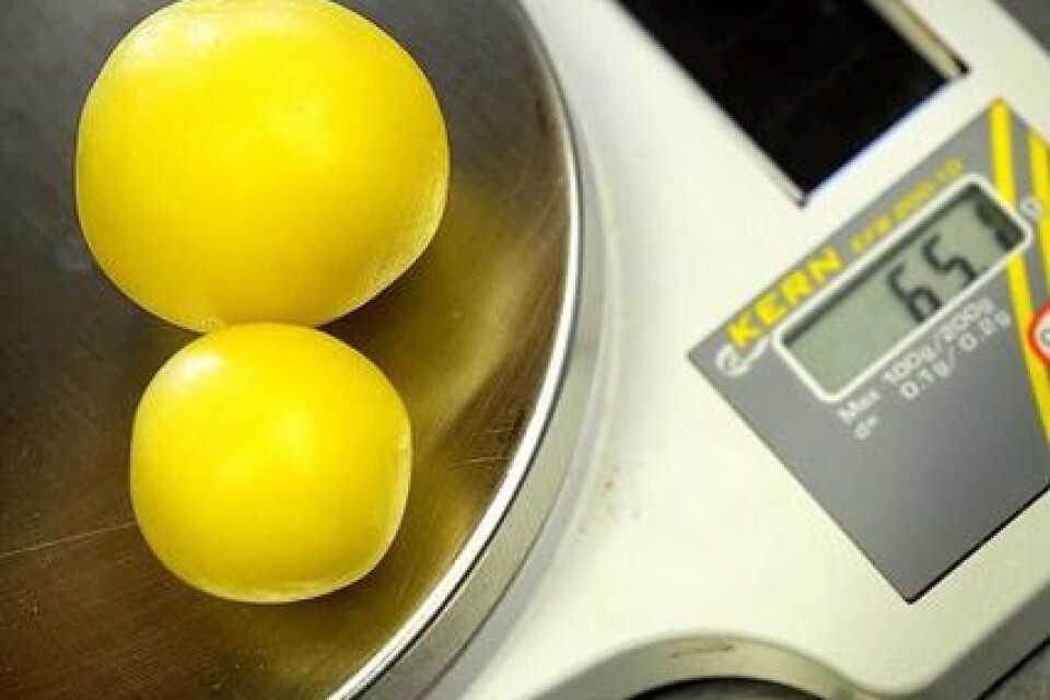 1. Dela den gula marsipanen i två bitar, en stor och en mindre, och rulla dem till bollar. Klistra ihop dem genom att pensla med lite vatten.