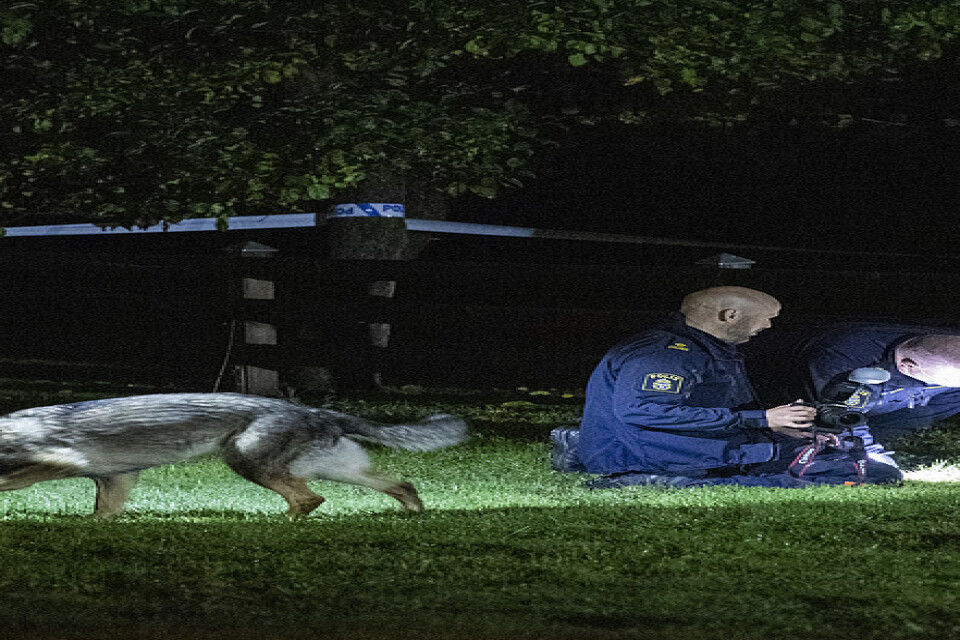 Polisen söker med hund i ett villaområde i Kristianstad där ett grovt rån misstänks ha begåtts i en villa. En man i 20-årsåldern är anhållen misstänkt för brottet.