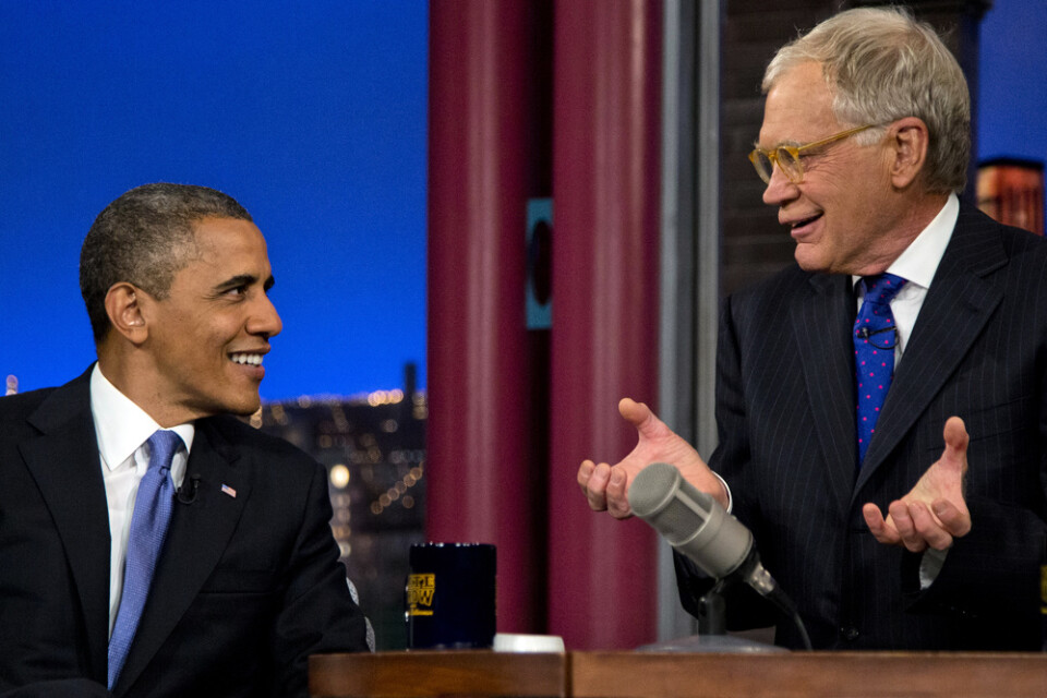 President Barack Obama gästar "The late show with David Letterman" på CBS 2012. Arkivbild.