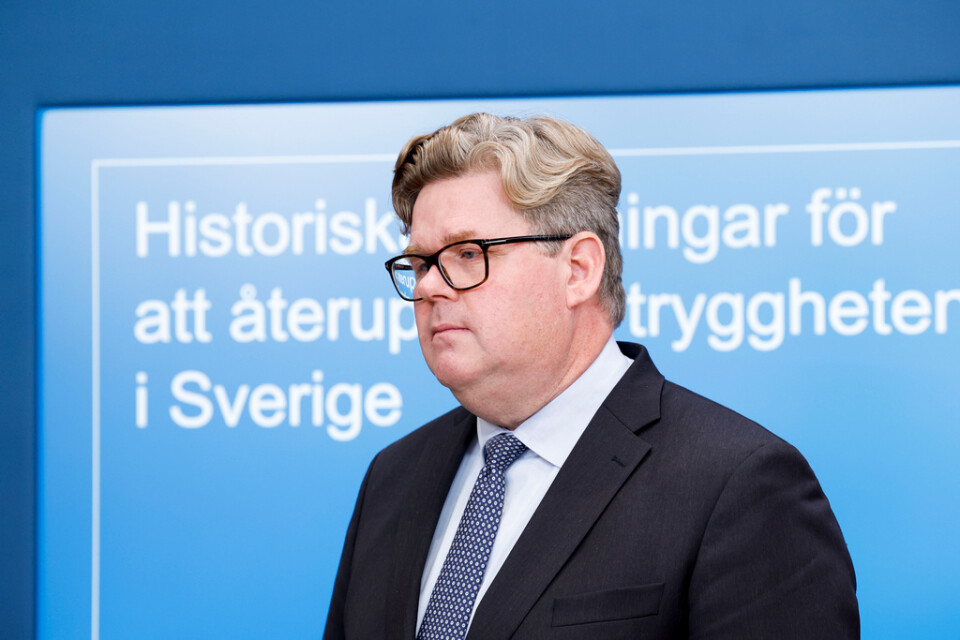 Justitieminister Gunnar Strömmer (M) vid en pressträff på torsdagen där satsningar på rättsväsendet presenterades.