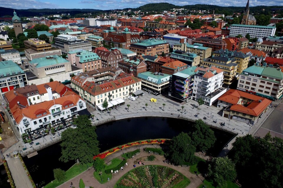 Flygfoto över Borås centrum.