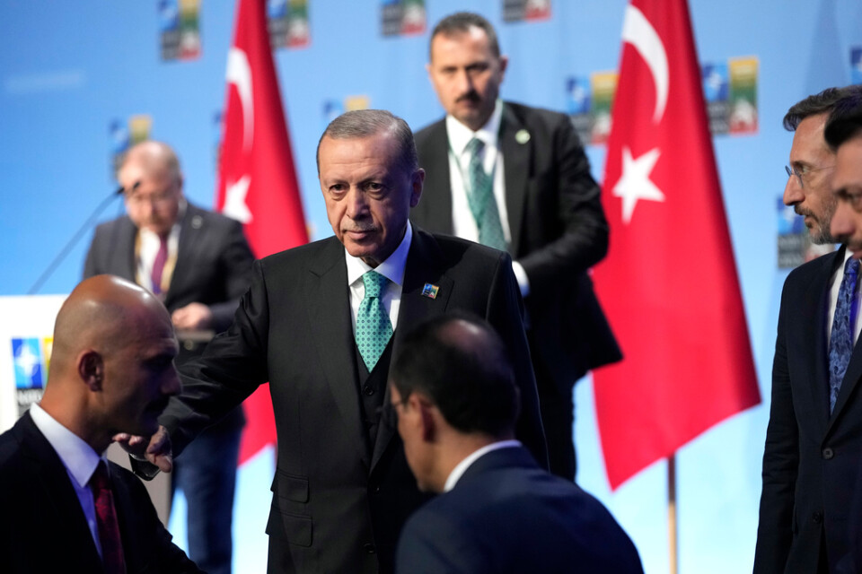Turkiets president Recep Tayyip Erdogan lämnar onsdagseftermiddagens pressträff i Vilnius.