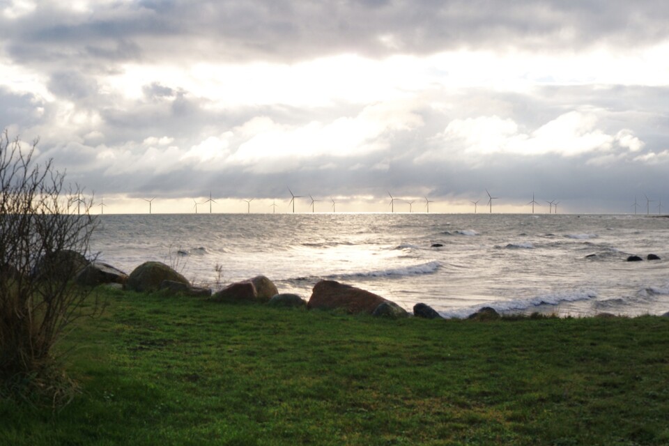 Så här kan vindkraftsparken Sydkustens vind som företaget Kustvind vill bygga se ut från stranden vid Abbekås, enligt en visualisering som företaget Falovind tagit fram.
