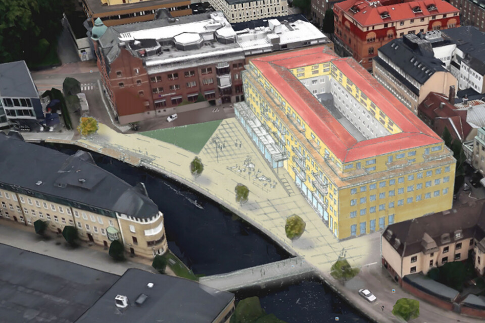 Visionsbild över Västerbrogatan i framtiden med det gamla Postenhuset som har fått två våningar till.