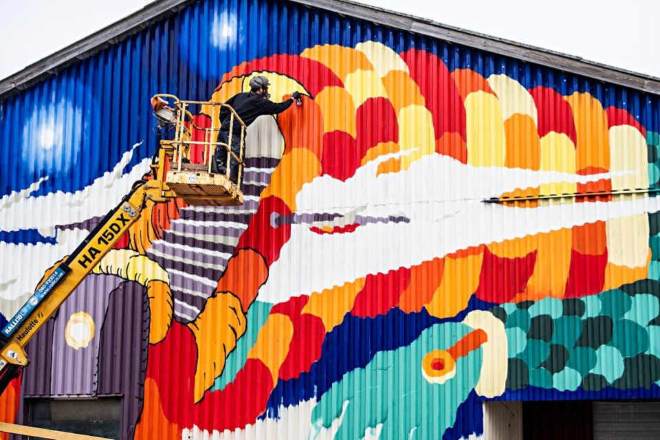”Oavsett i vilken kommun man bor, bör det finnas en levande konstscen.” På bilden: Konstnären Kim Demåne  vid sin gigantiska graffitimålning i Handelshamnen på Trossö.