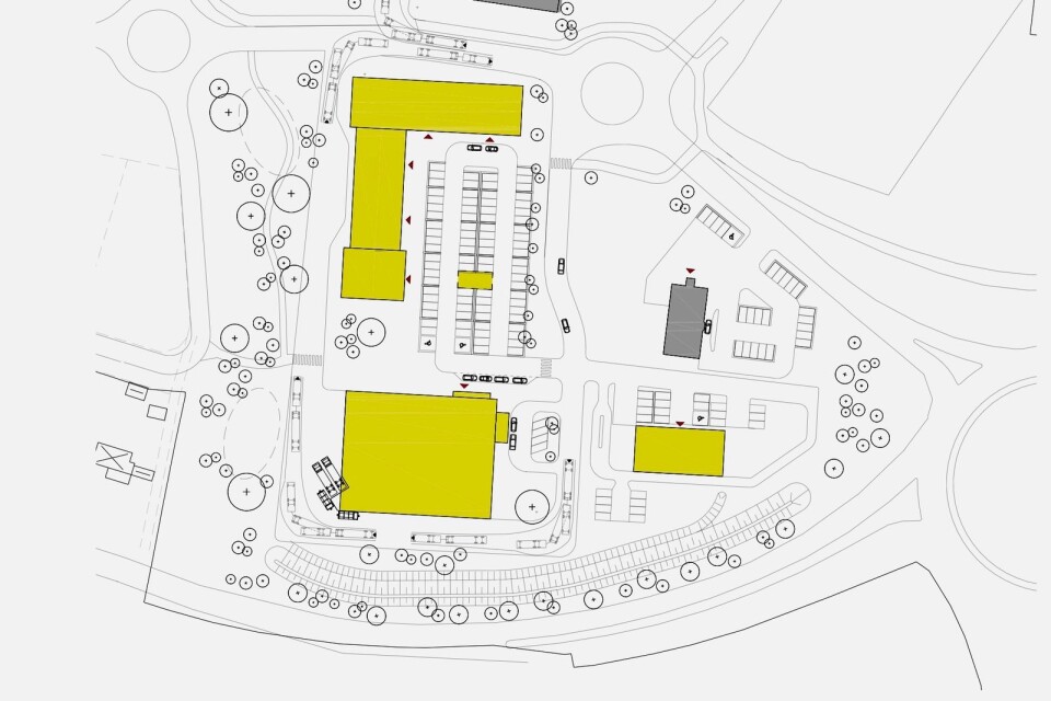 De gula figurerna är nya byggnader: längst ner till vänster den blivande Ica-hallen, till höger om den McDonalds och längst upp den så kallade torgbyggnaden, med plats för handel, restauranger och kontor. Den grå figuren ovanför McDonalds är den nuvarande Sibyllarestaurangen. Illustration från kommunens planbeskrivning.