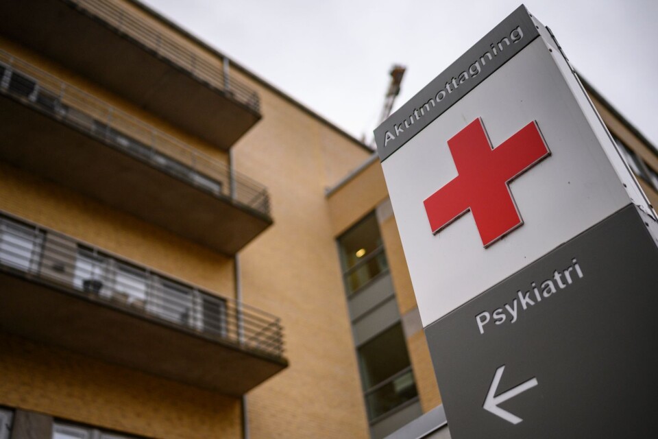 En skylt visar vägen till akutmottagningen för psykiatri på Skånes Universitetssjukhus i Malmö ( SUS Malmö ).