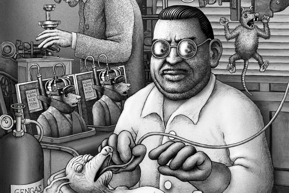 Otäcka experiment genomförs av vetenskapsmännen i Carl Johan De Geers roman "Råttornas herre". Av någon anledning valde illustratören Jan Lööf att avbilda en av forskarna som den mexikanske målaren, tillika Frida Kahlos man, Diego Rivera. Pressbild.