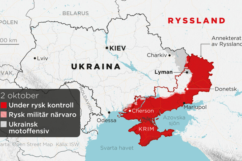 Områden under rysk kontroll, områden med rysk militär närvaro, ukrainska motoffensiver samt annekterade områden.
