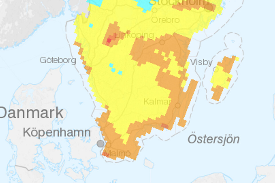 SMHI:s prognos för antändningsrisk i södra Sverige. Orange färg är den tredje högsta graderingen på en sexgradig skala, och representerar torra förhållanden.