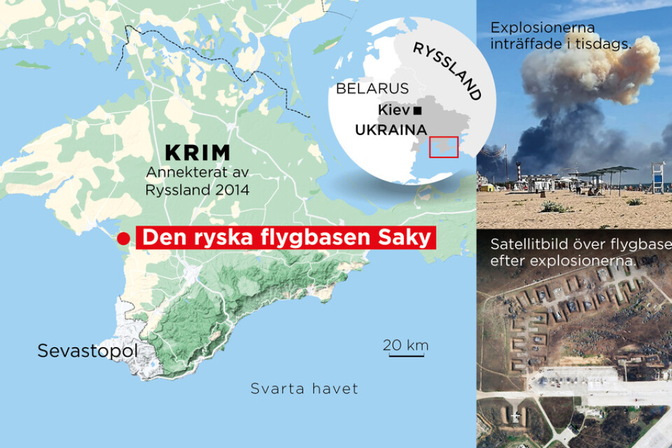 Webbkarta med satellitbild över flygbasen Saky.